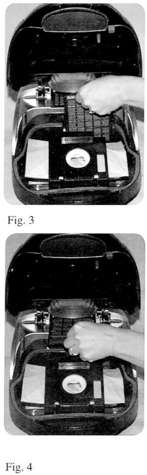 1. Replacing the secondary filter Turn off the canister and remove the hose. Open the dust cover. Remove the filter from behind the bag. (See Fig.