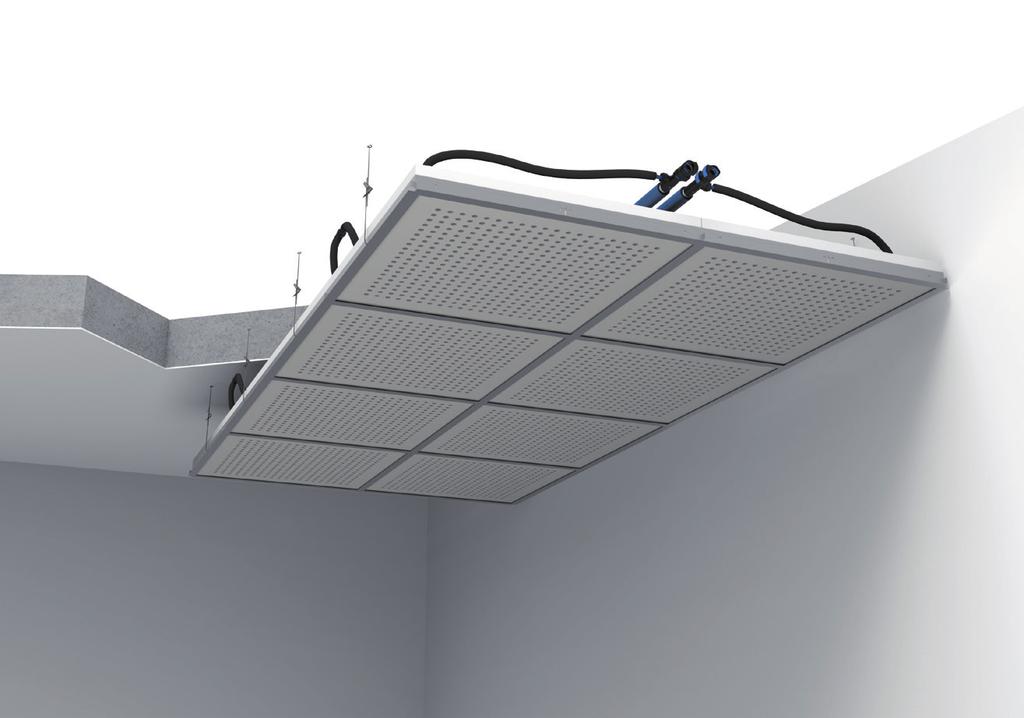 Radiant gypsum panel 2'x2' and 2'x4' for suspended ceiling Finish Styles Ray Magic quad standard or perforated acoustical panels regulates room temperatures using radiant heating and cooling