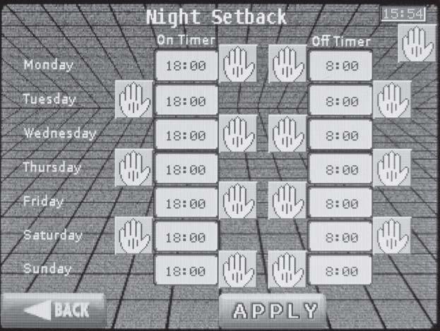 1 Service Night Setback Parameters Screen: The Night Setback Screen allows access to 15 parameters.