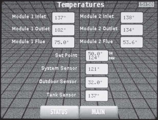 1 Service (continued) Temps Screen: The Temps Screen displays the various temperatures as measured by sensors connected to each control module.