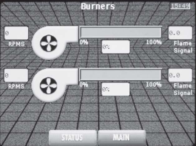 1 Service Burners Screen: This screen provides the status of the combustion air blowers and flame signals.