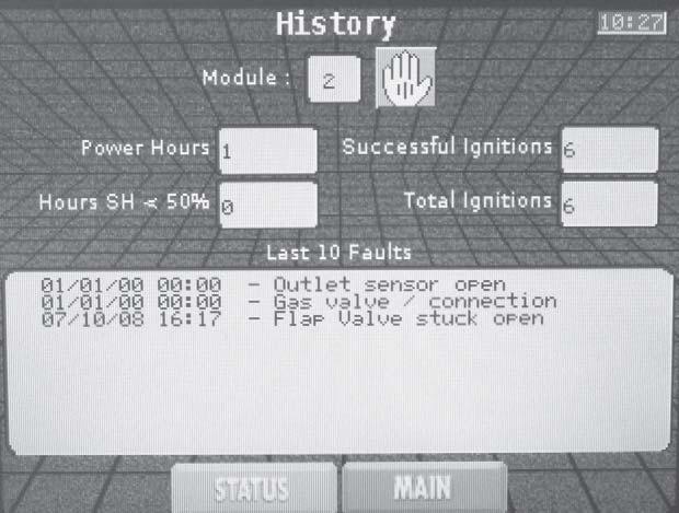 1 Service History Screen: The History Screen shows the status of various counters and faults for each control module.