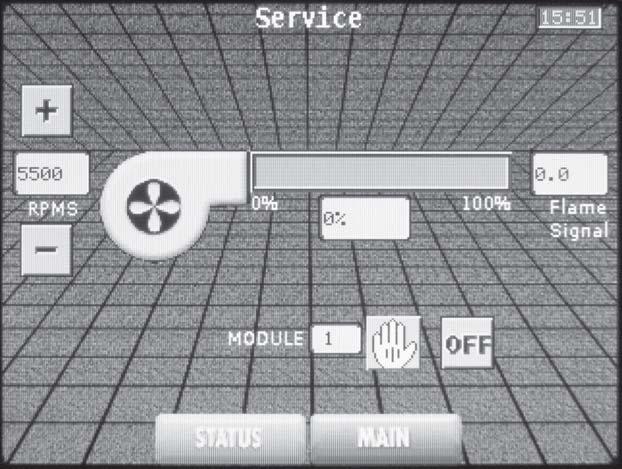 1 Service (continued) Service Mode Screen: The Service Mode Screen allows the individual control modules to override all other heat demands and operate at a full fire condition for the purpose of
