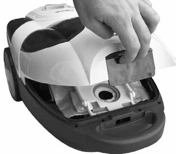 To access the dustbag, press the dust compartment release lever to open the cover J.