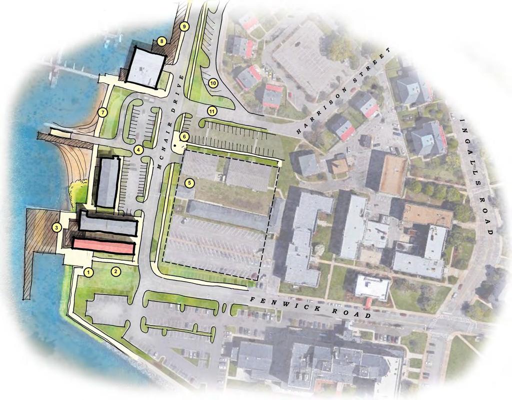 1. Walkway around Seawall 2. Remove Paving & Create Green Space 3. Deck & Outdoor Seating 4. Reconfigure Parking 5. Mixed-Use Development & Parking Garage 6.
