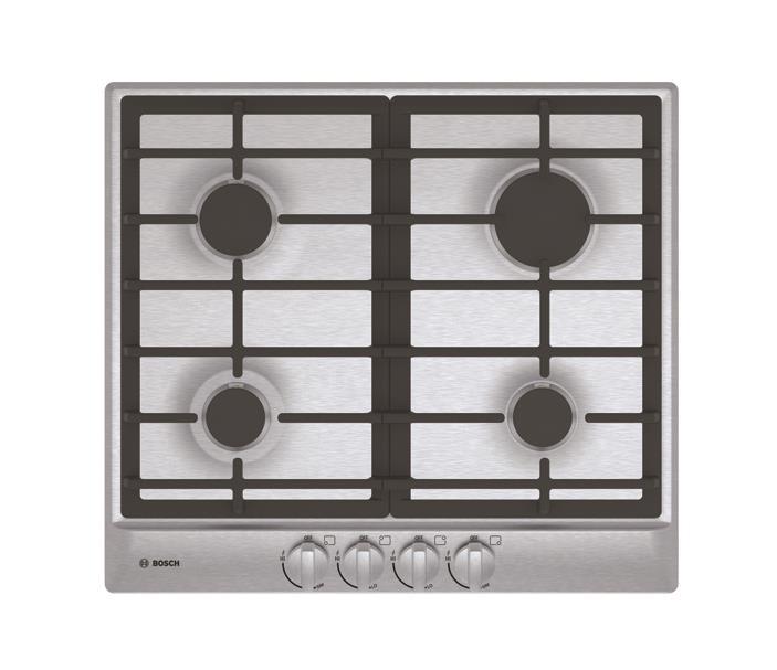 Bosch 24 Gas Cooktop Stainless steel knobs offer a premium, modern look in a small package Includes a 11,500 BTU burner, one simmer and two medium burners allowing