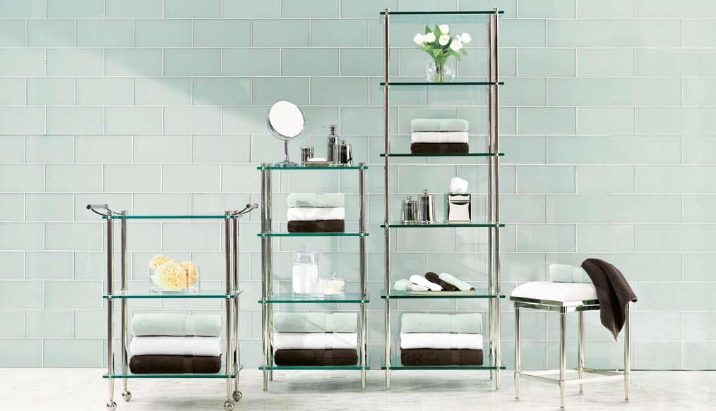 FINISHES pearson transitional Bath FURNITURE collection Frameless étagère and carts in four refined finishes.