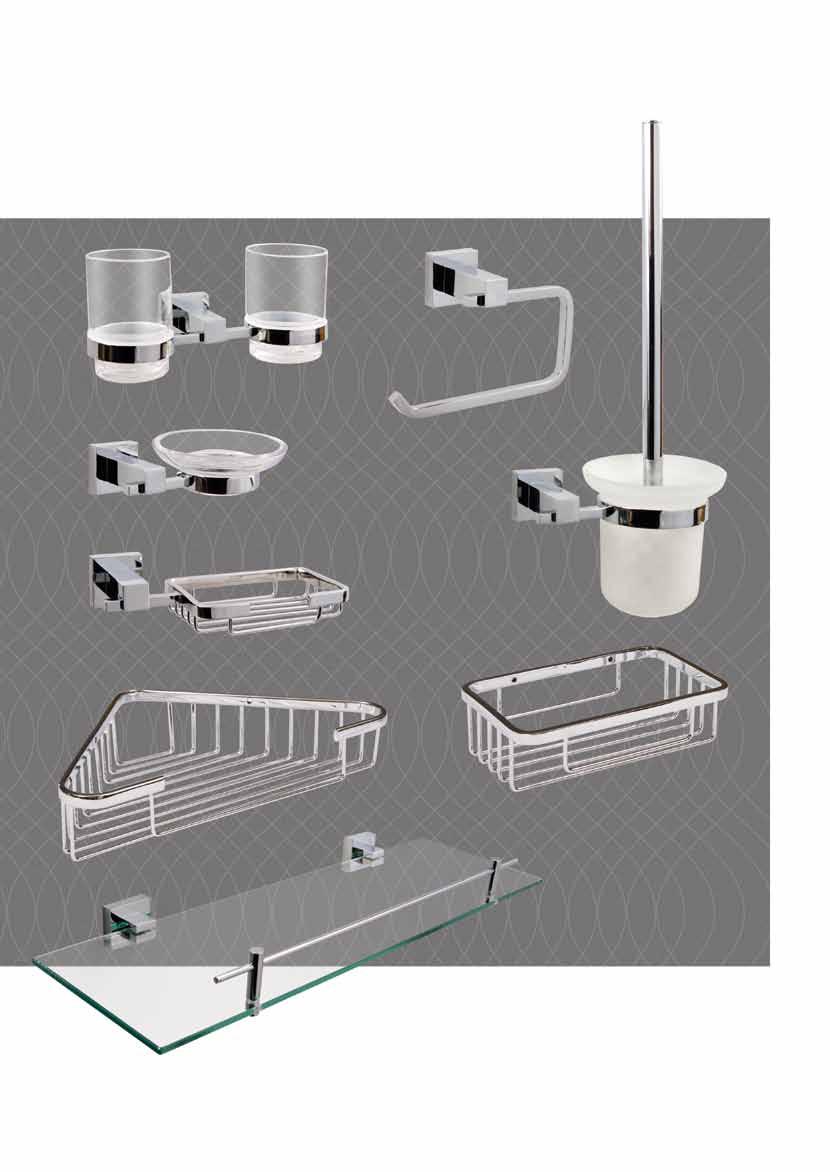 400 series chrome plated solid brass / stainless steel 7 6 8 10 9 12 11 13 6 SBA-401 dual tumblers clear glass 200W x 90D x 95H mm 7 SBA-403 toilet roll holder 150W x 70D x 100H mm 8 SBA-402 soap