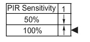 PIR Sensitivity: Switch 1 50%: sensor range is set to approximately half the widest range. Sensitivity to minor motion is increased within a smaller detection area.