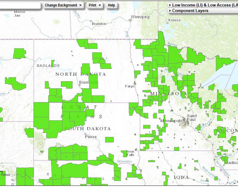 The communities are identified using Census tracts that meet low income and low access definitions Areas highlighted in green are low income and low access communities that are 1 mile (urban) or 10