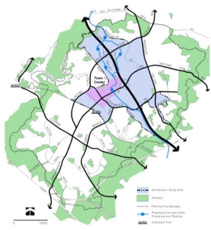 The 2009 Plan focuses on the center of Germantown, a planning area of approximately 2,600 acres, and it creates a series of mixed-use communities centered on transit.