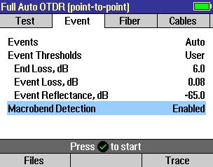 Event Threshold Settings Event threshold settings may be modified in Full Auto, FTTx PON OTDR, and Expert OTDR test modes.