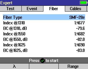 Fiber Menu Settings The Fiber menu screen allows selecting the Fiber Type between default - SMF-28e and User SMF-28e - sets the default Index (Group Index of Refraction) and BC (Backscatter