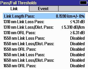to display Pass/Fail Thresholds screen that contains two sub-menu screens, Link sub-menu C provides End-to-End Link
