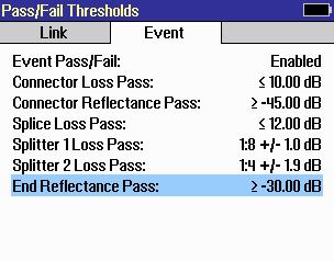Event sub-menu D provides Event Settings: Connector Loss and Reflectance, Splice Loss, Split Ratio & Splitter Loss.