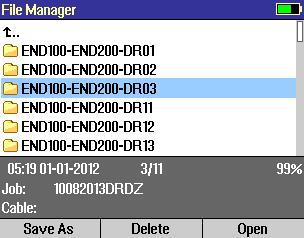 File Manager Cables Screen Depending on the prior settings, the File Manager may be displayed as Jobs, Cables, or Results screen. To display Cables screen perform the following.