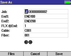File Manager Save As Screen The Save As screen allows the user to save current test results and create new Jobs/Cables as needed.