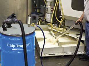 The Chip Trapper vacuums the coolant or liquid that is filled with debris and traps all the solids in a reusable filter bag. Only the liquid pumps back out.