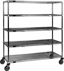 EC Series Includes five chrome-plated wire shelves, chrome-plated posts, four 5 resilient stem casters (two with brake), and six plastic shelf markers. 69 overall height.