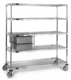 ECD Series Includes five chrome-plated wire shelves, chrome-plated posts, chrome dolly frame with wraparound bumper, four 6 polyurethane casters (two with brake), one slide assembly, two tote boxes 6