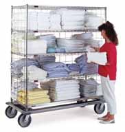 Linen Carts Standard Duty Linen Cart Consists of four chrome-plated wire shelves, one solid stainless steel shelf, chrome-plated 63 posts, four 5 resilient stem casters (two with brake) with donut