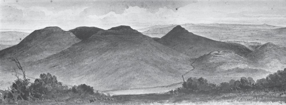 Sketch by Dr Kinder of the Three Kings volcanic crater, Auckland, with (extreme right) Te Toka-tu-Whenua, the Kumara god in