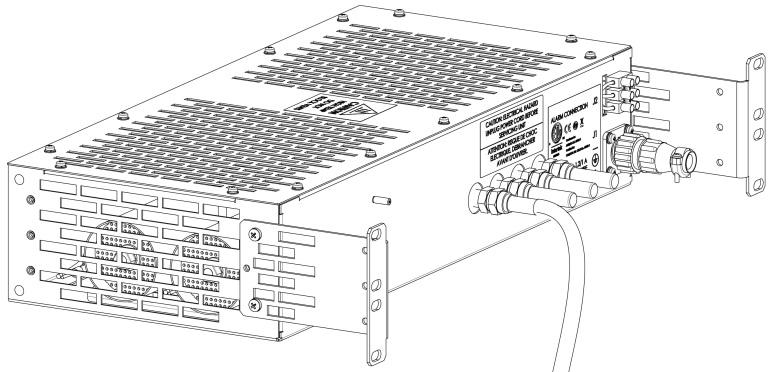 Attach the supplied rack brackets with the included screws to the front mounting holes for installation in a standard 19 equipment rack as illustrated below.