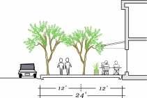 Within additional setback areas, encourage active public uses, such as additional street trees, outdoor seating, kiosks, forecourts, arcades. Standard 1a Example.