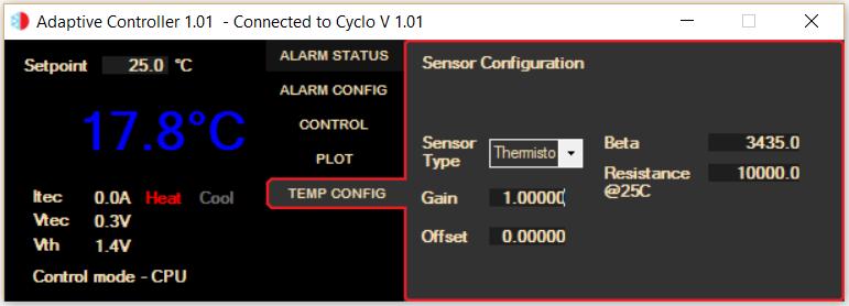 4.7. Temperature Configuration Page The CyCLO uses a single NTC thermistor for sensing the temperature and providing feedback for the control.