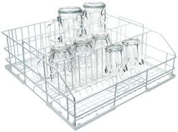 Spacing (tall) 3 5 /8 or 4 or 3 7 /8 Spacing (low) 2 1 /8 or 2 1 /2 6 1 /2 H x 19 3 /4 W x 19 3 /4 D U 524/1 Glassware Basket 10094770 4 rows for glasses with 4
