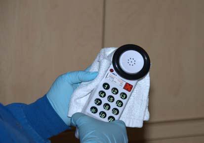 12. Clean the telephone A. Clean the phone, cord and dial plate using the disinfectant cleaner. B. Thoroughly clean the hand piece and push buttons. 13.
