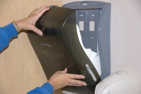 B. As needed remove any paper towels and clean the inside of the dispenser using a damp cloth and disinfectant cleaner in order to remove loose paper dust. C. Replace paper towels.