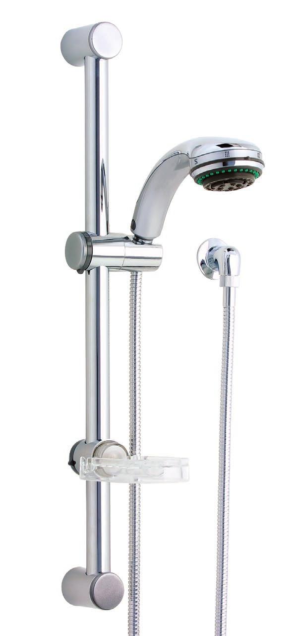 Beta Rail Shower Kit 18-8604 Chrome Choice of 4 spray patterns, offering an invigorating Metal rail with height adjustable soap dish High quality double-wound metal hose Easy to rub-clean nozzles