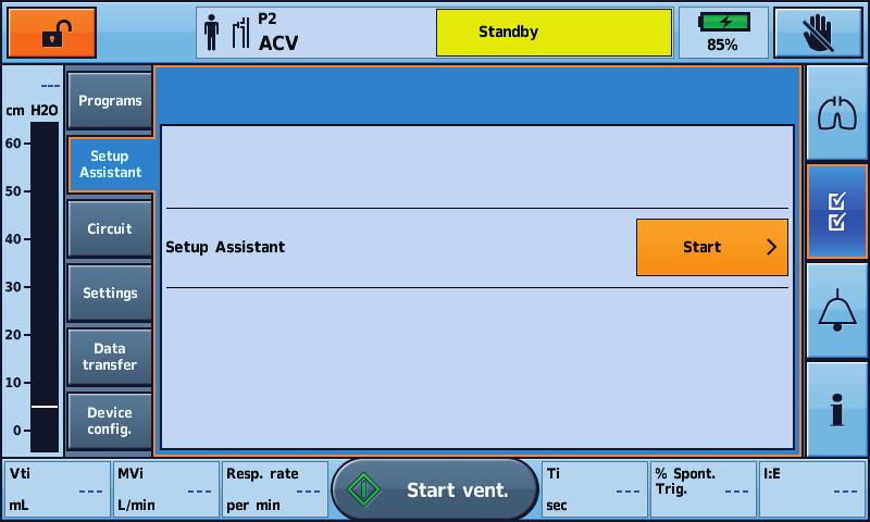 Using the Setup assistant To quickly set up the Astral device and start ventilation for a new patient, use the Setup assistant. 1.