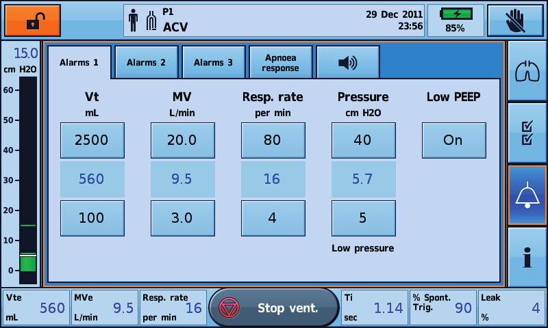 Alarms 1 Alarms 2 Main Settings Manual Breath Transfer Data Import / Export Display Date / Time Units / Option Reset Tidal Volume (Vt) Minute Ventilation (Mv) Respiratory Rate Pressure Low PEEP