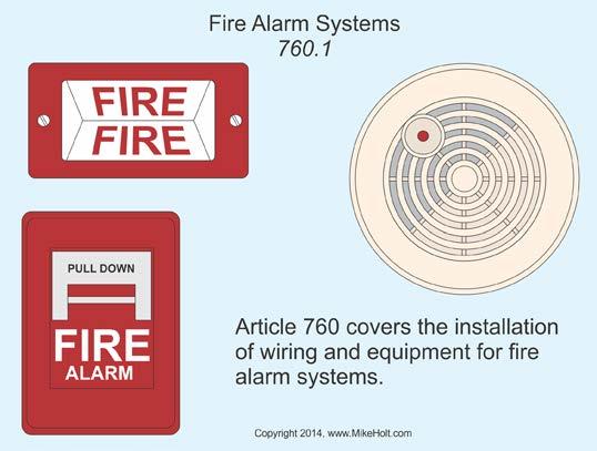 ARTICLE 760 FIRE ALARM SYSTEMS Introduction to Article 760 Fire Alarm Systems Article 760 covers the installation of wiring and equipment for fire alarm systems, including circuits controlled and