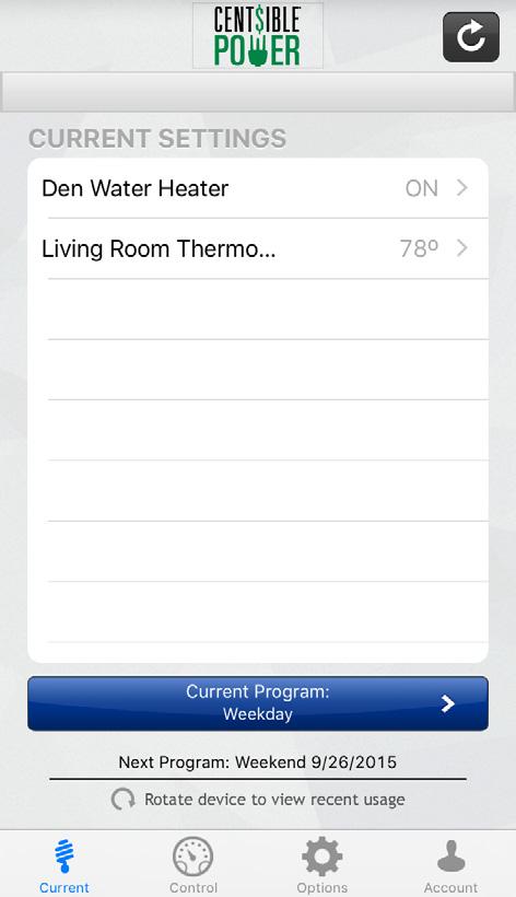 The Home Screen Once you have logged in you will see the home screen, which will show your current heating and cooling settings and the status of your water heater as well as the current program.