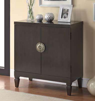 AccenTS cabinets Simple accent cabinet finished in cappuccino with a decorative brass handle in the center.