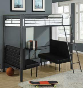 A top twin bunk sits above, while a cool space below features padded seats and a table surface, ideal for homework, play, and snacks.