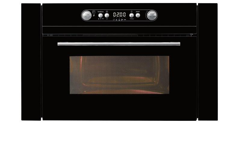 Defrost function for 4 categories (bread, fish/ seafood meat and poultry): adjusts microwave emission to the quantity of food. Door opens downwards to give an extra work surface.