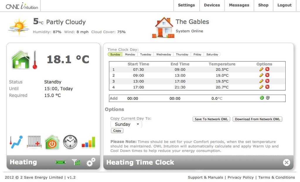 OWL Intuition Web Dashboard - Heating and