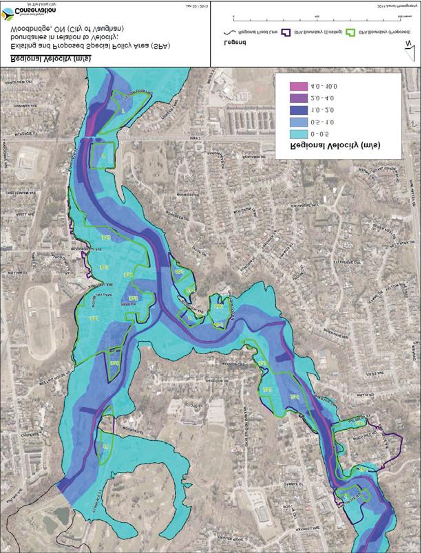 Woodbridge Special Policy Area Justification Report. April 2014. Figure 5-2 Existing and proposed Special Policy Area (SPA) in relation to flow velocities from a Regulatory Flood event.