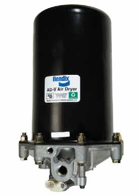 The Bendix AD-9 and AD-9 IPC Integrated PuraGuard Coalescing air dryers consists of a desiccant cartridge and a die cast aluminum end cover secured to a cylindrical steel outer shell with eight cap
