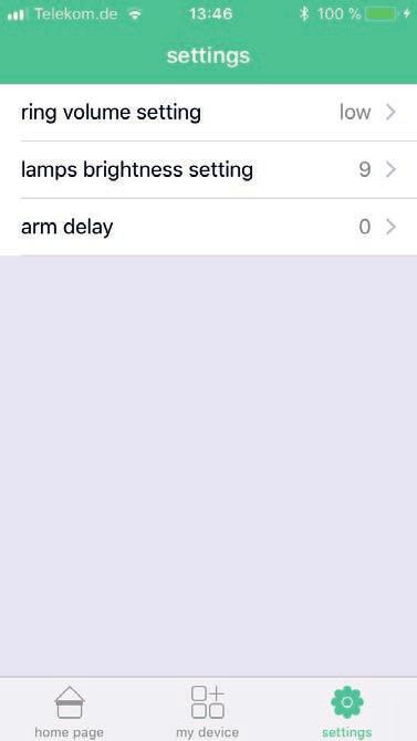 Function: Settings The Settings function can be used to define settings for the base unit in order to adapt the response of the alarm system, the brightness of the control lamp and the volume of the