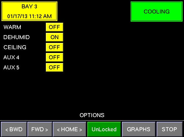 XT-70 Control Panel 32 5.12 HMI OPTIONS: The Options screen displays the status of the five virtual switches. The WARM switch will turn the Warming mode on and off.