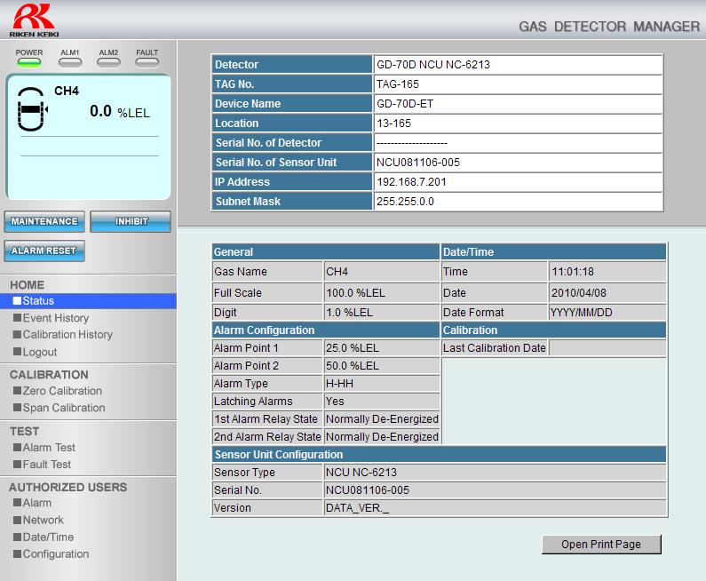 2-3-2. Authorized user screen HOME Status screen (Authorized User) Real time status of GD-70D-ET is displayed.