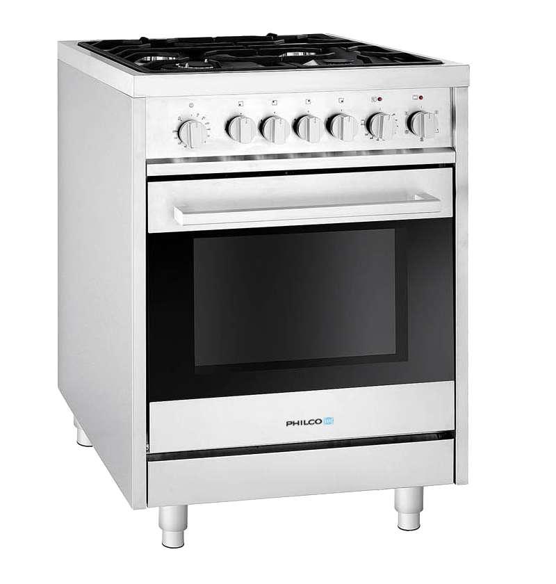 Cooker The Philco PNGQ60CNMSU cooker is available in stainless steel with a stainless steel hob and backsplash. The 56-liter capacity electric oven has an adjustable rack, oven light and minute timer.