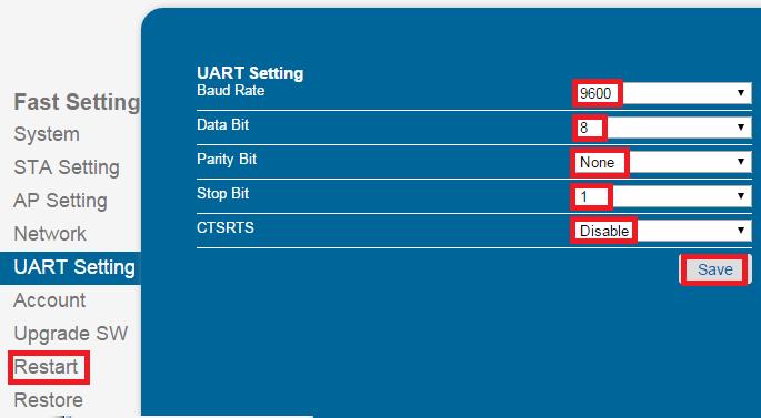 9, Click UART Setting, it should be the same as the screenshot below, otherwise change the setting as below then click save and then click Restart.