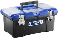 TOOL BOXES PLASTIC TOOLBOX 410MM AND 490 MM - Lid fitted with 1 fixed and 2 removable transparent storage compartments.