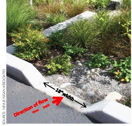 Allow a change in elevation of 4 to 6 inches between the paved surface and biotreatment soil elevation, so that vegetation or mulch build-up does not obstruct flow.